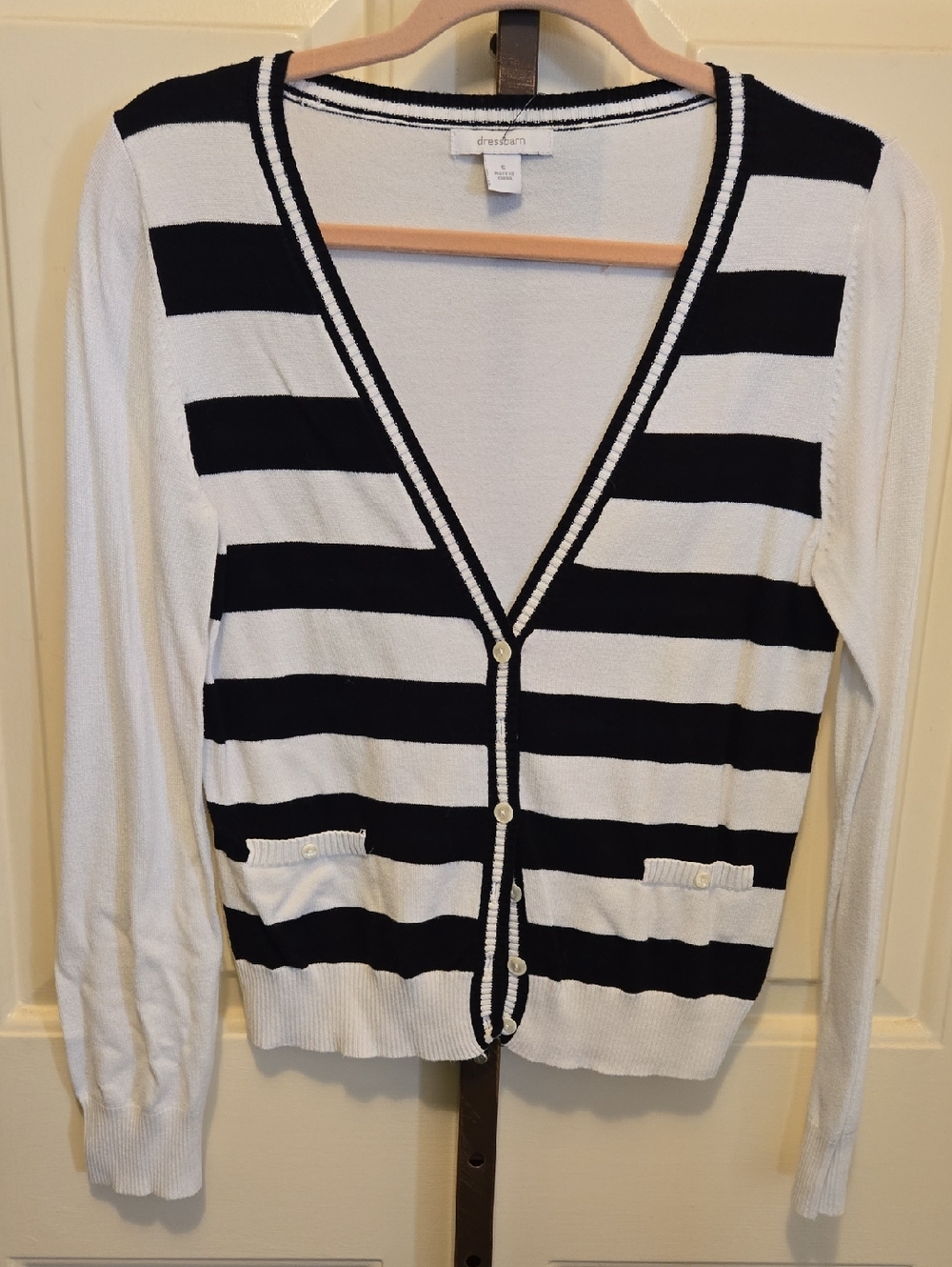 Dress Barn Black and White Striped V-Neck Button Cardigan